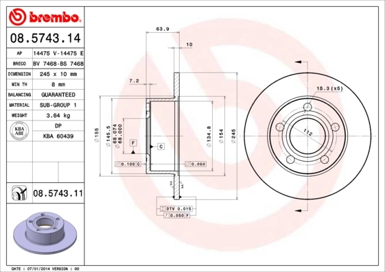 BREMBO 08.5743.11 — Диск гальмівний AUDI 100, A6, SKODA SUPERB, VW PASSAT задн. (вир-во BREMBO)