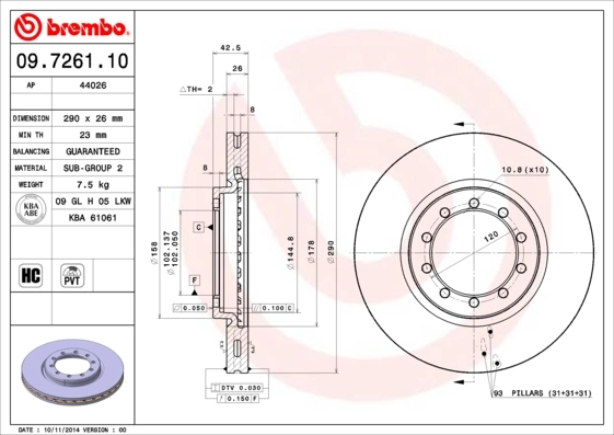 Disque de frein BREMBO 09.7261.10