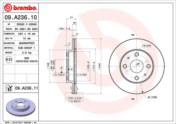 Disque de frein BREMBO 09.A236.11