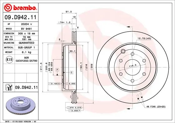 Disque de frein BREMBO 09.D942.11