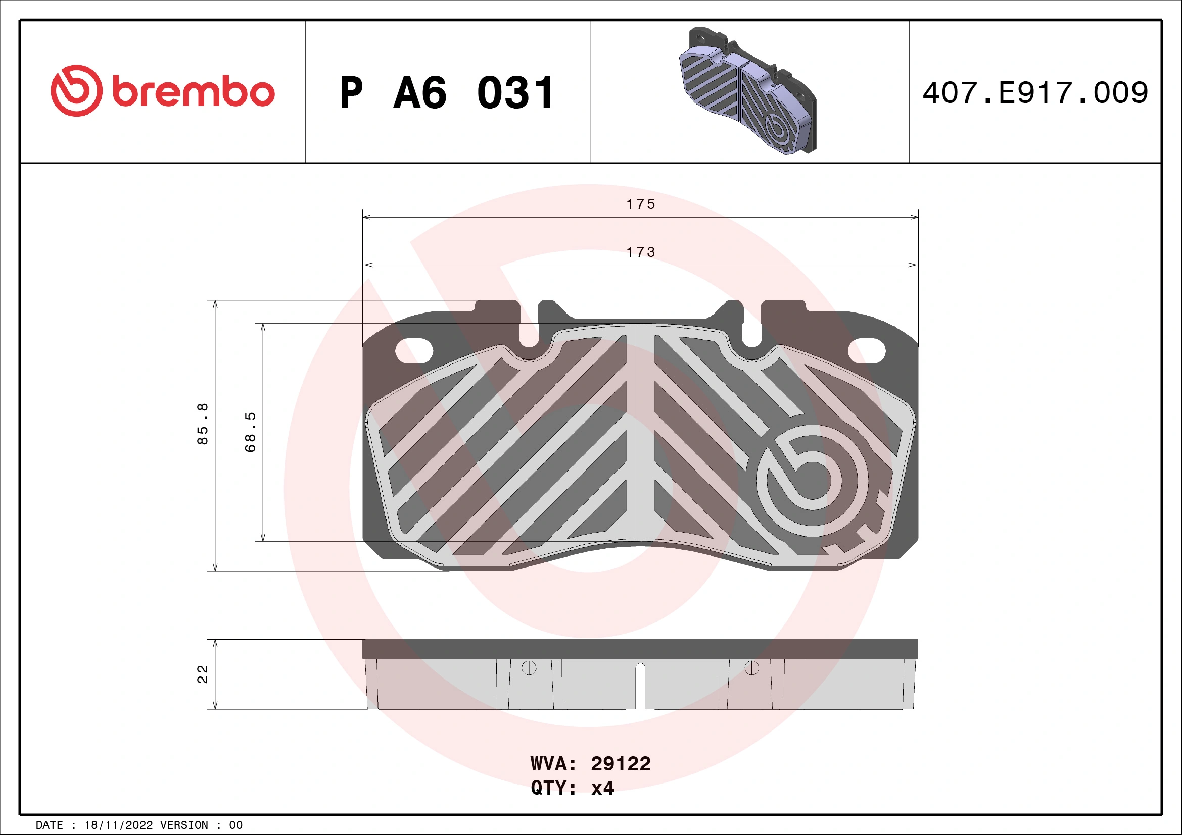 Kit de plaquettes de frein, frein à disque BREMBO P A6 031