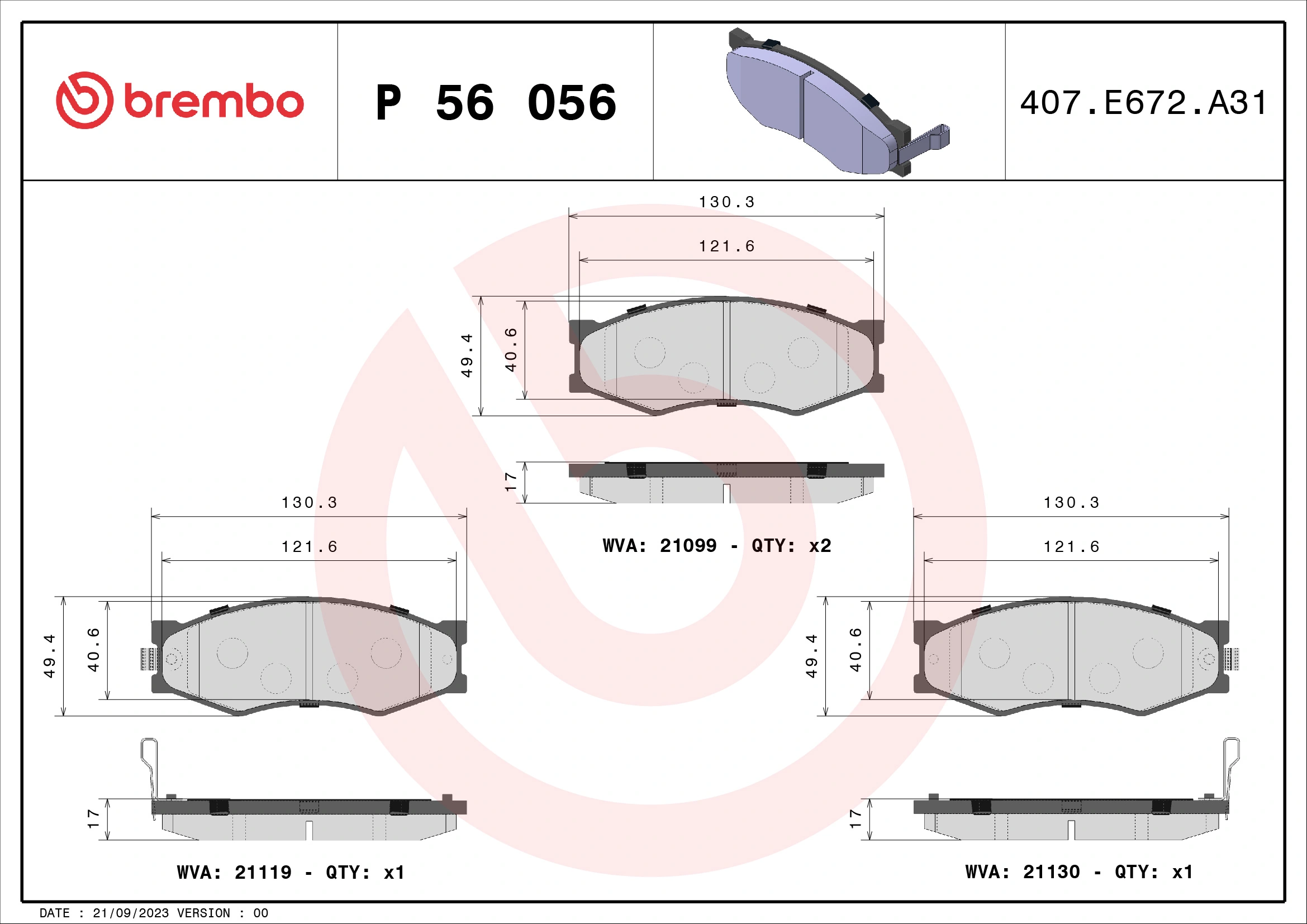 Kit de plaquettes de frein, frein à disque BREMBO P 56 056
