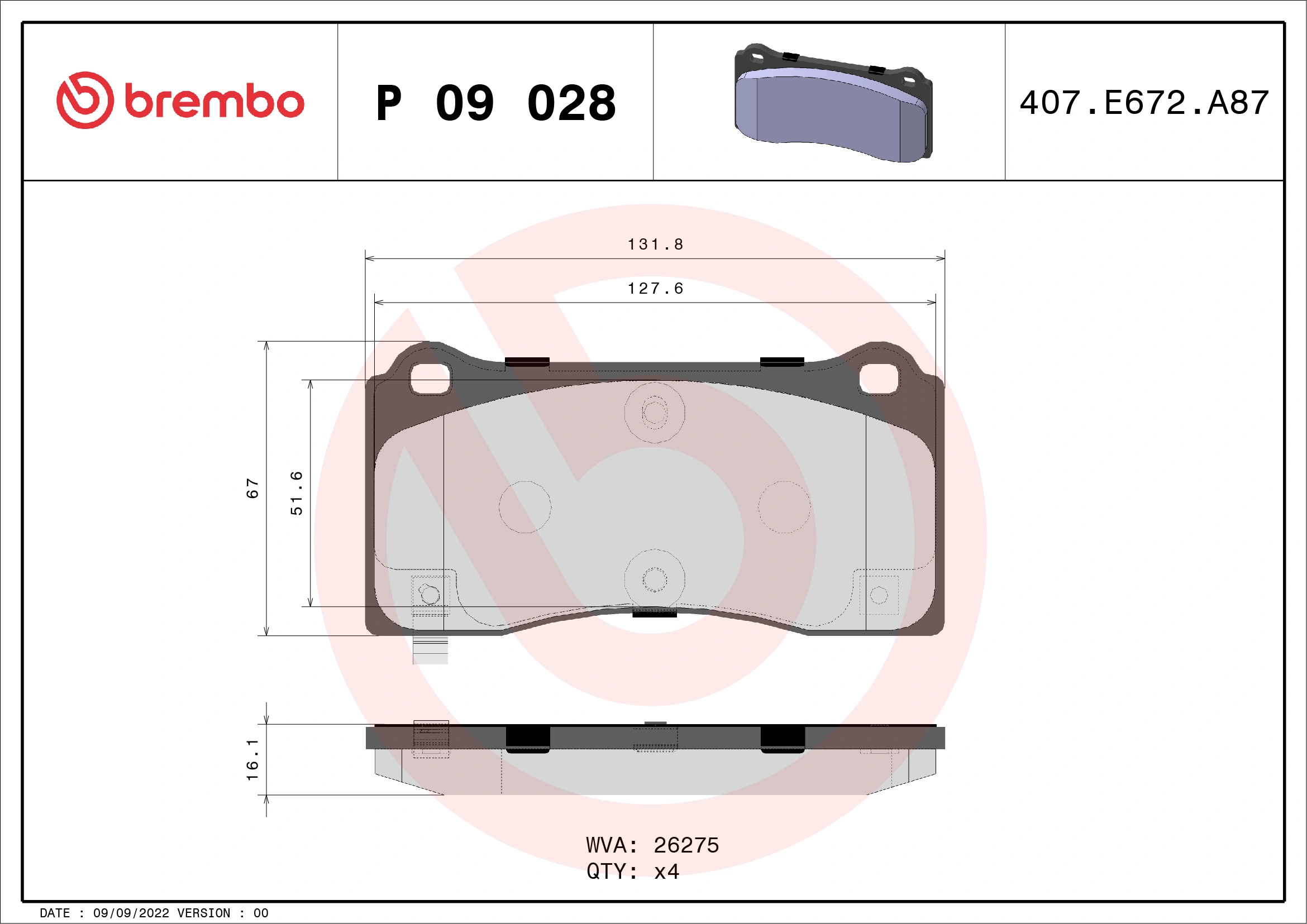 Kit de plaquettes de frein, frein à disque BREMBO P 09 028