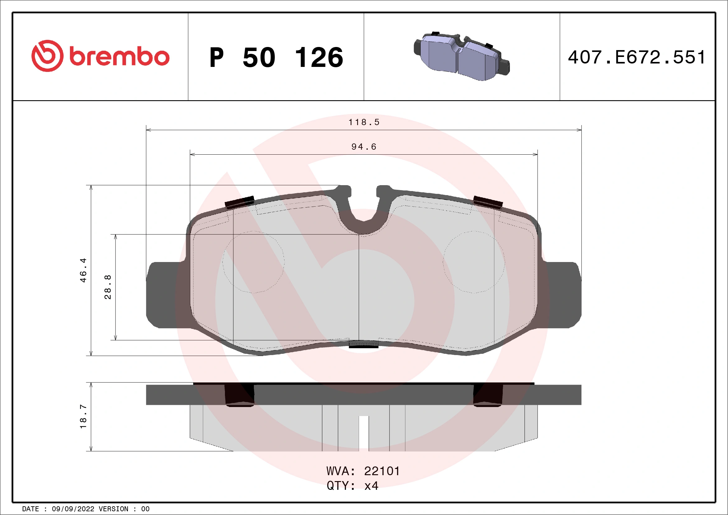 BREMBO P 50 126 — Колодка гальм. диск. MERCEDES VITO (W447) задн. (вир-во BREMBO)
