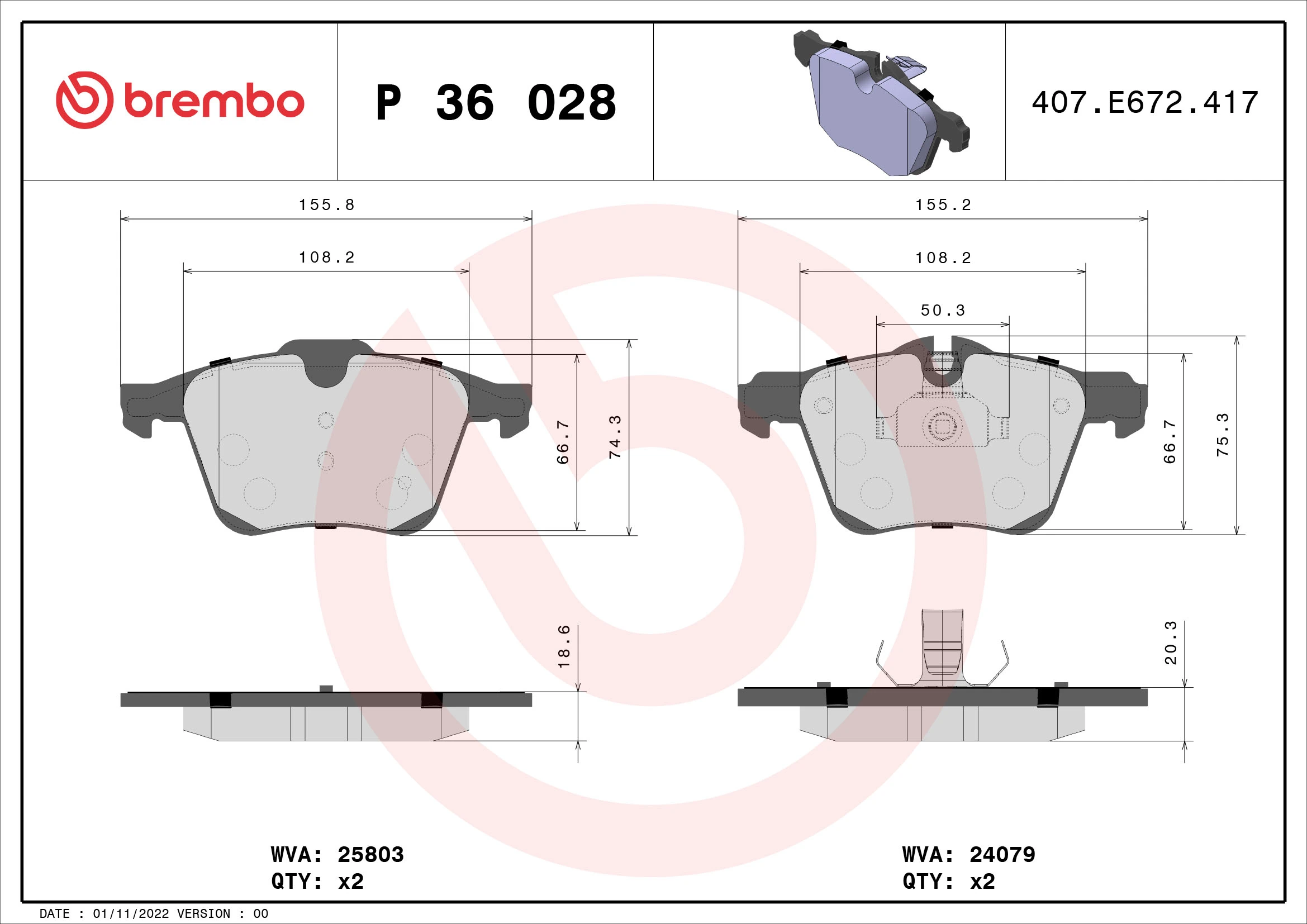 Kit de plaquettes de frein, frein à disque BREMBO P 36 028