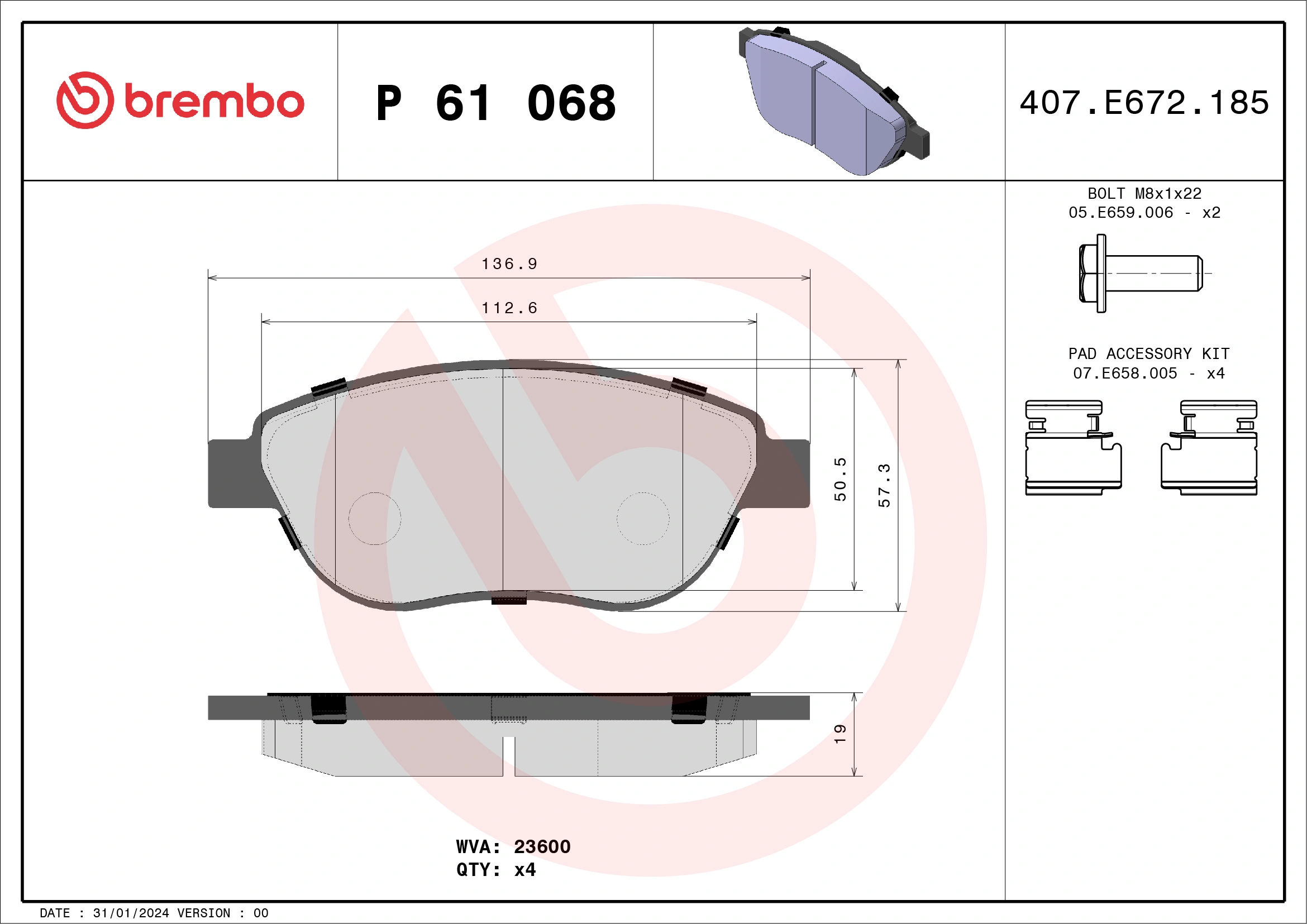 Kit de plaquettes de frein, frein à disque BREMBO P 61 068