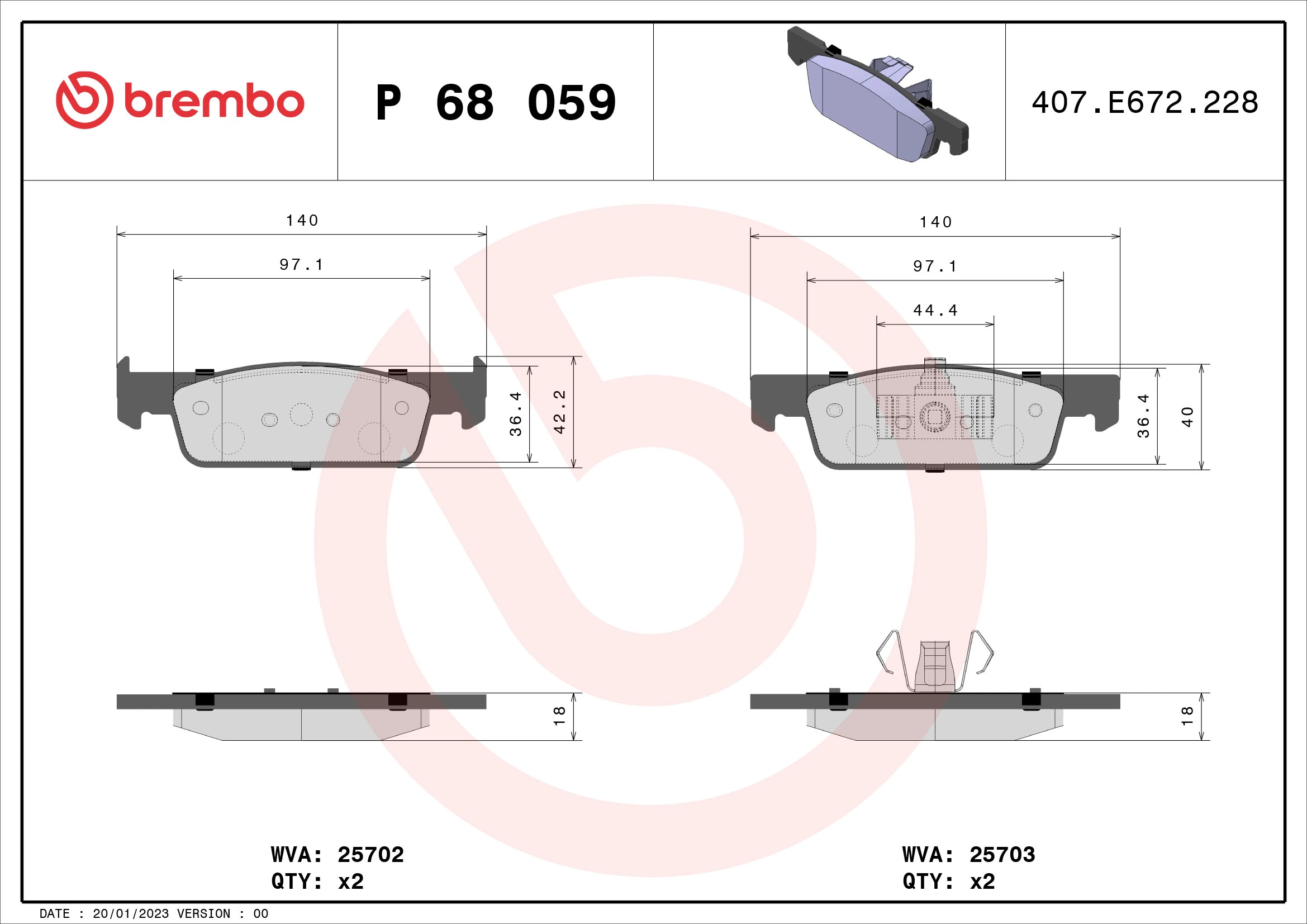 Kit de plaquettes de frein, frein à disque BREMBO P 68 059X