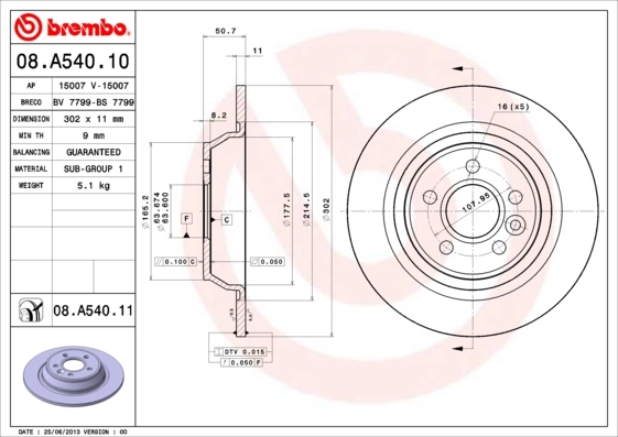 BREMBO 08.A540.11 — Диск гальмівний