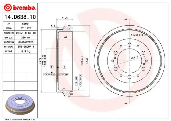 Tambour de frein BREMBO 14.D638.10