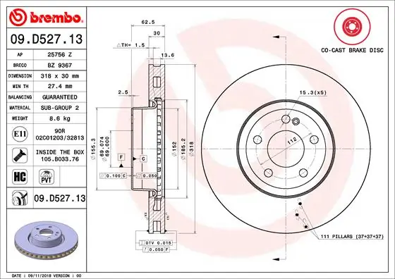 Disque de frein BREMBO 09.D527.13