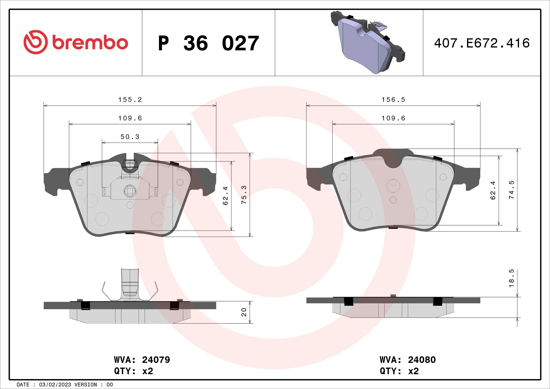 Kit de plaquettes de frein, frein à disque BREMBO P 36 027