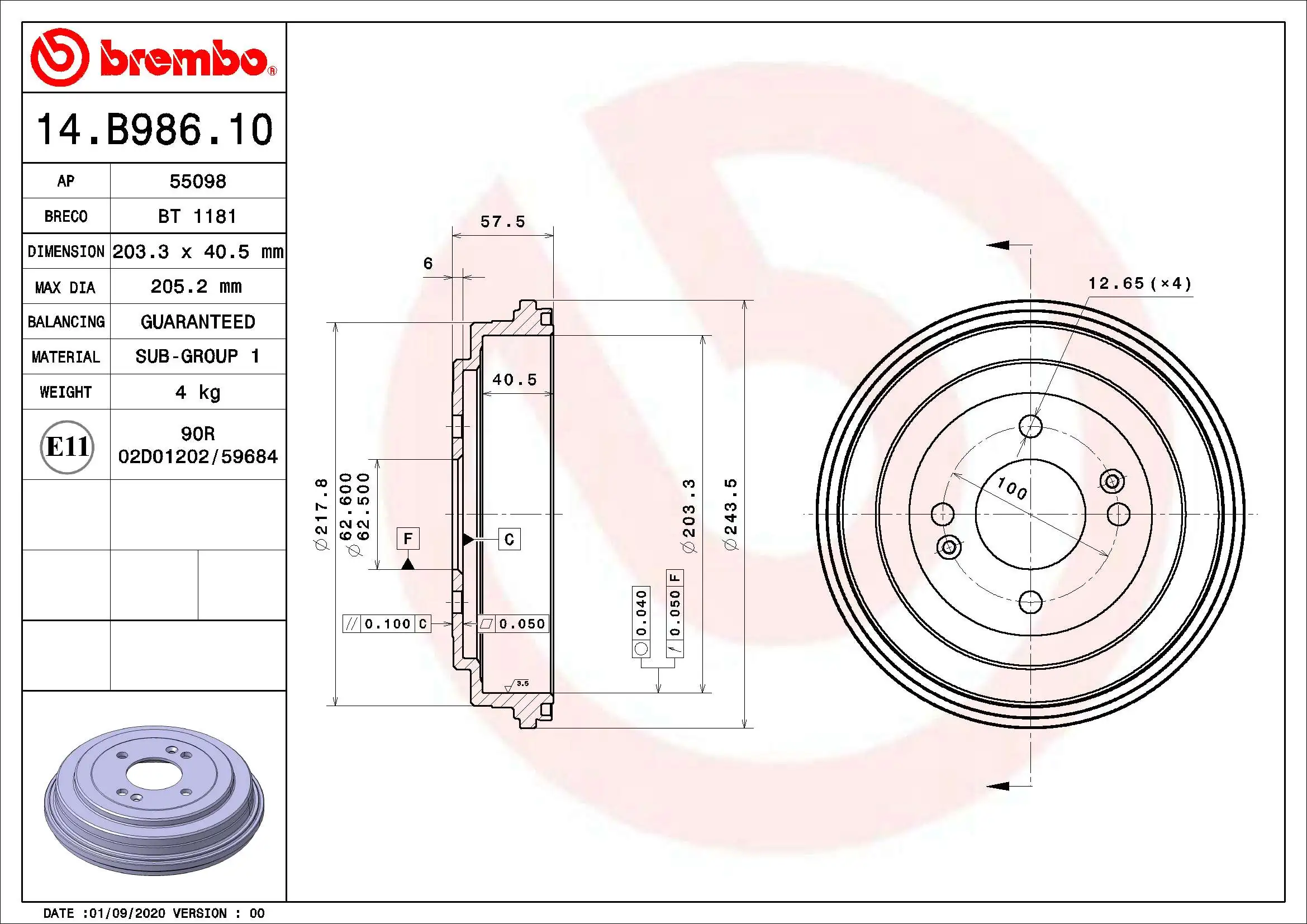 Tambour de frein BREMBO 14.B986.10