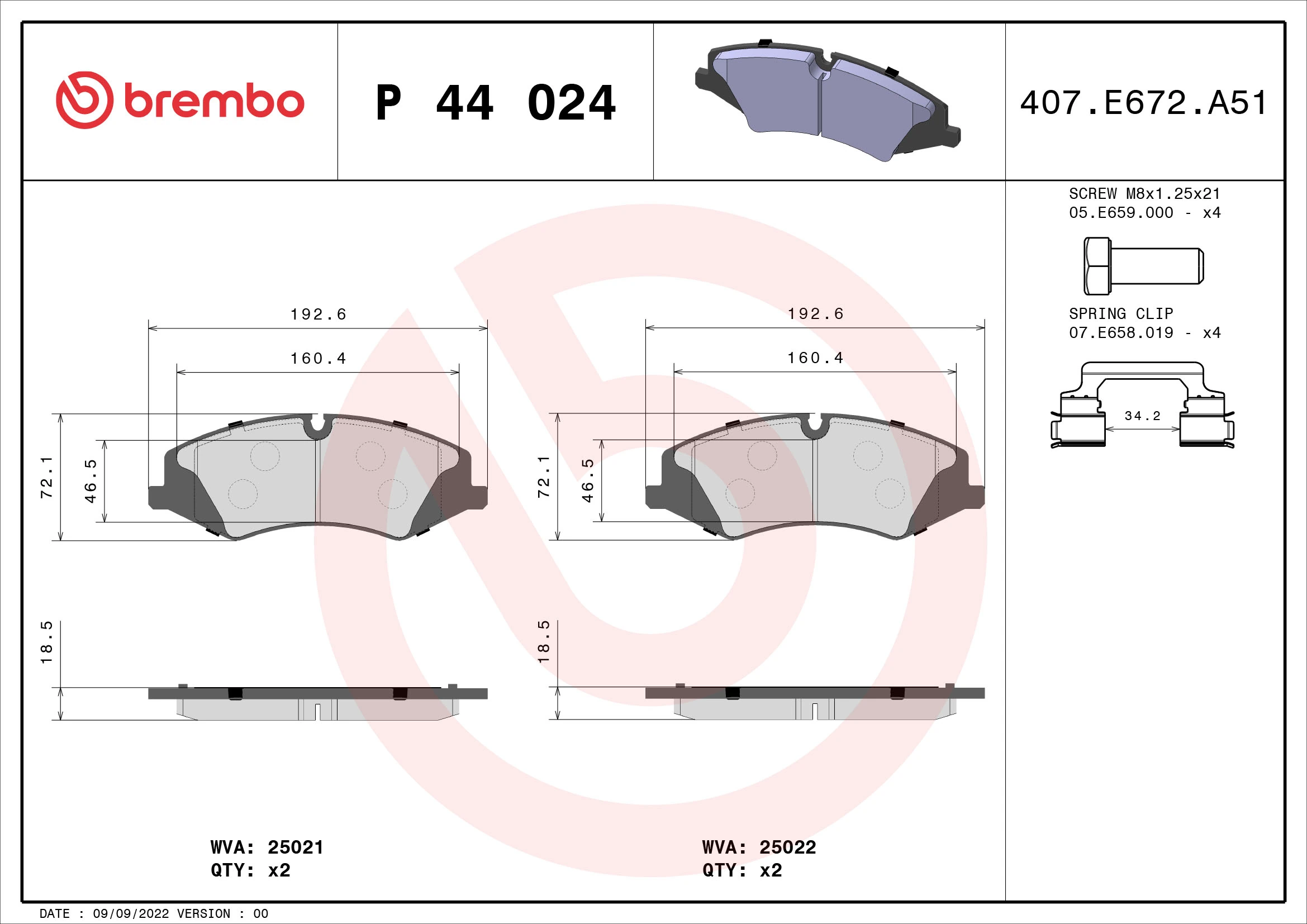 Kit de plaquettes de frein, frein à disque BREMBO P 44 024