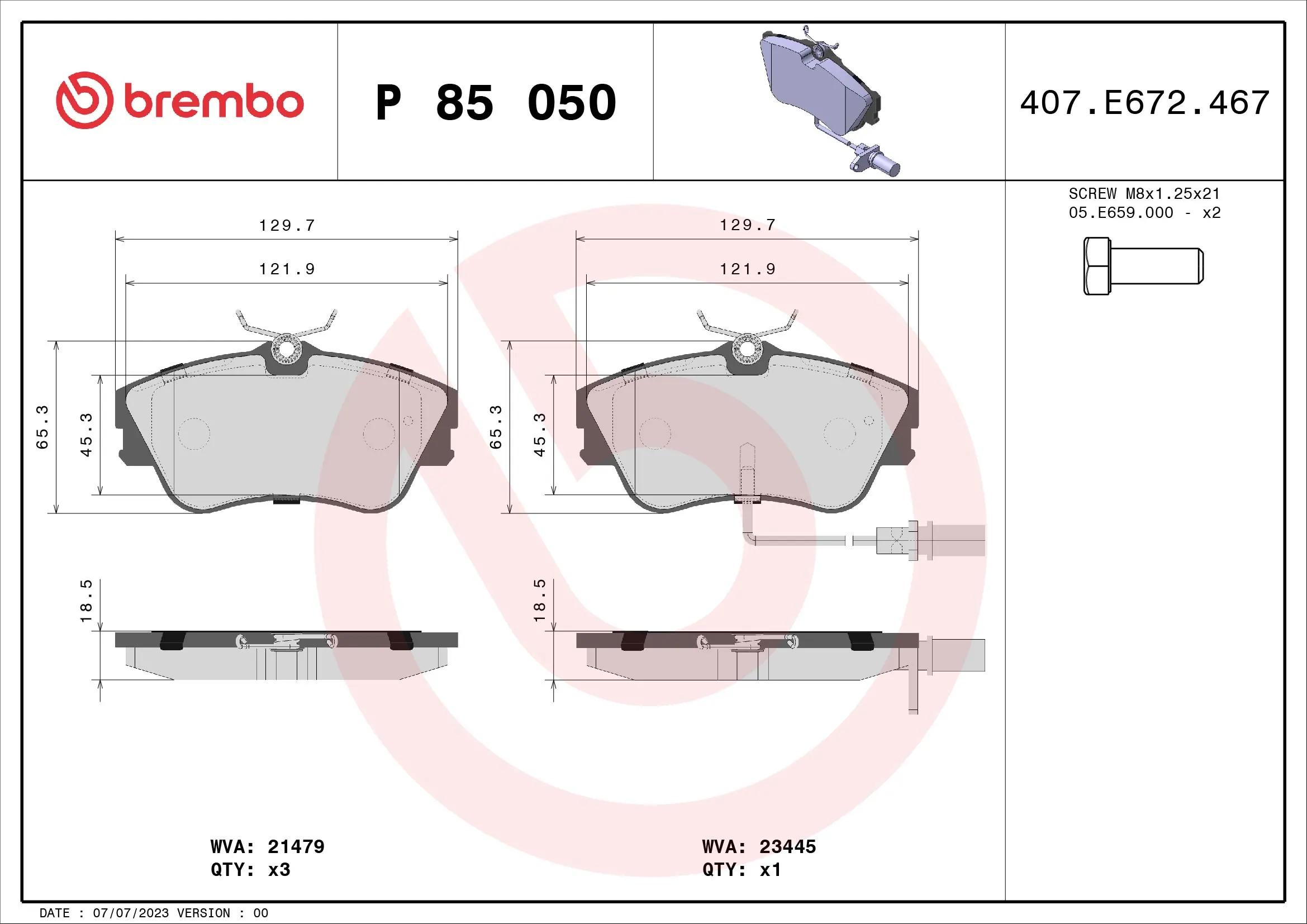 Kit de plaquettes de frein, frein à disque BREMBO P 85 050