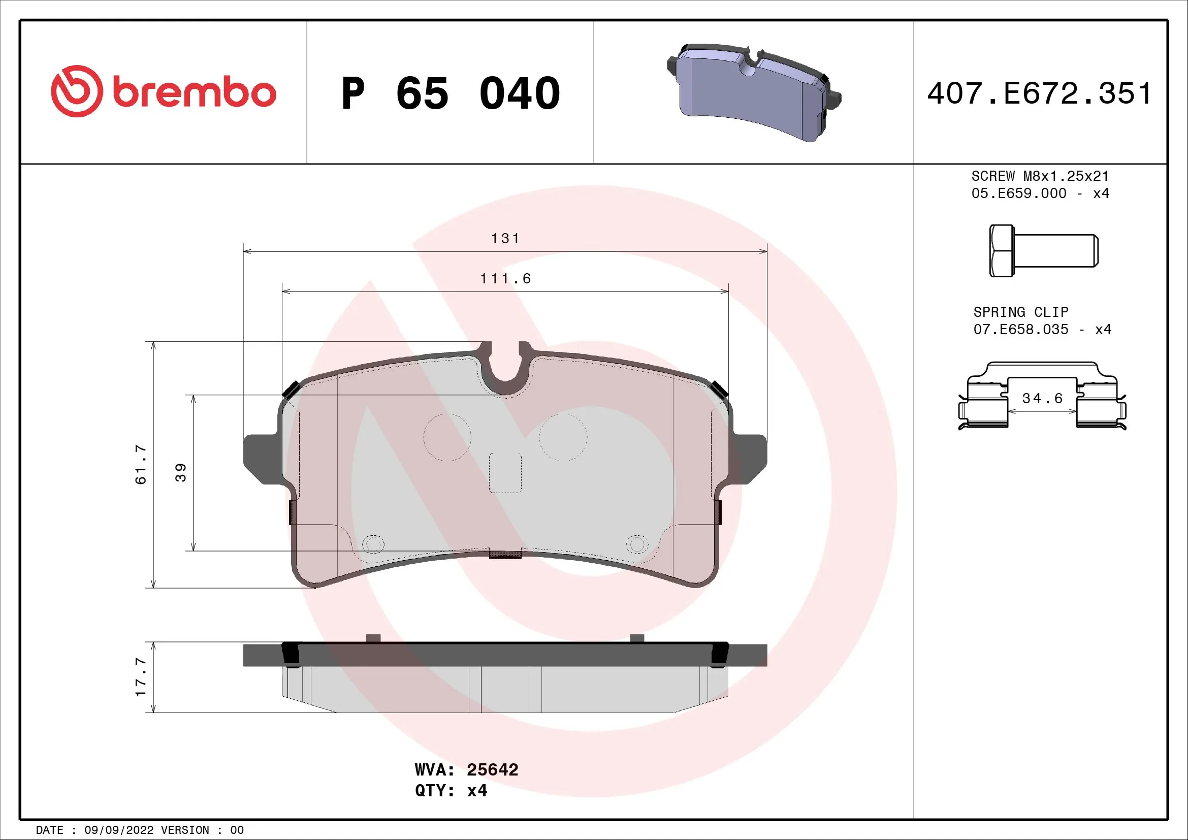 Kit de plaquettes de frein, frein à disque BREMBO P 65 040