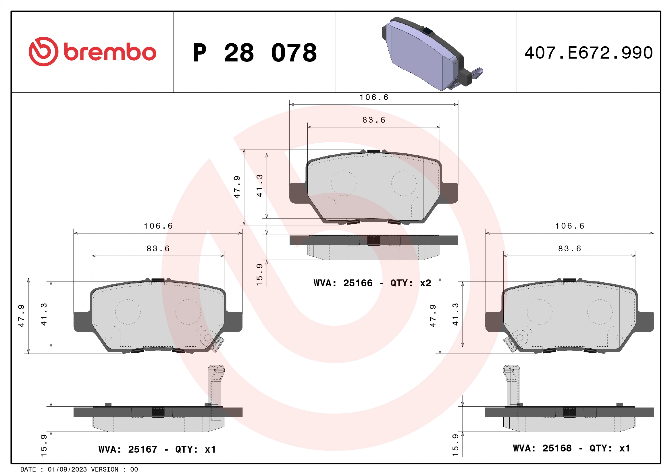 Kit de plaquettes de frein, frein à disque BREMBO P 28 078