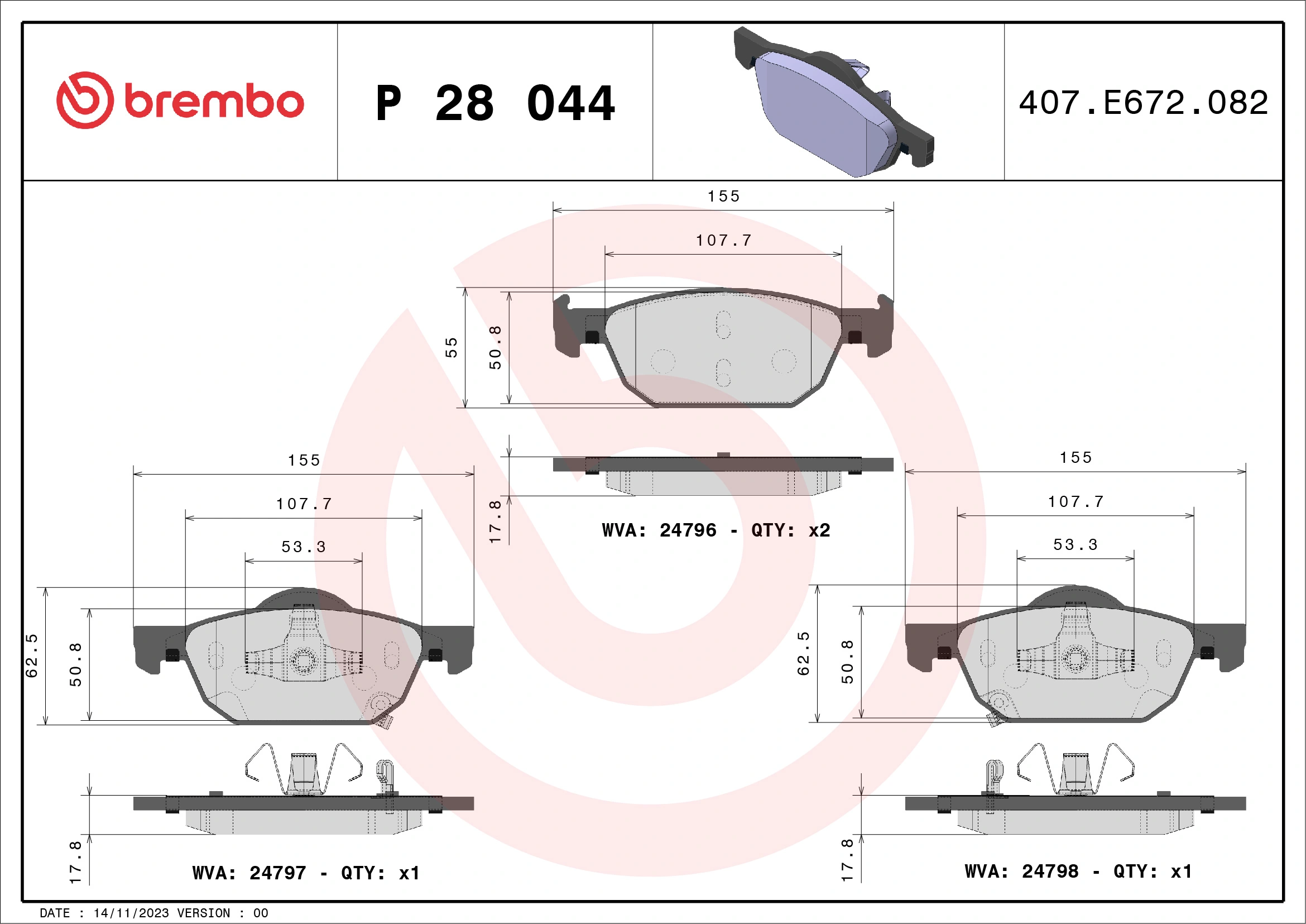 Kit de plaquettes de frein, frein à disque BREMBO P 28 044X