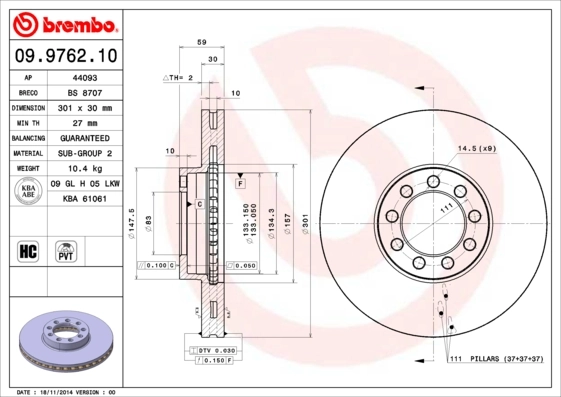 Disque de frein BREMBO 09.9762.10
