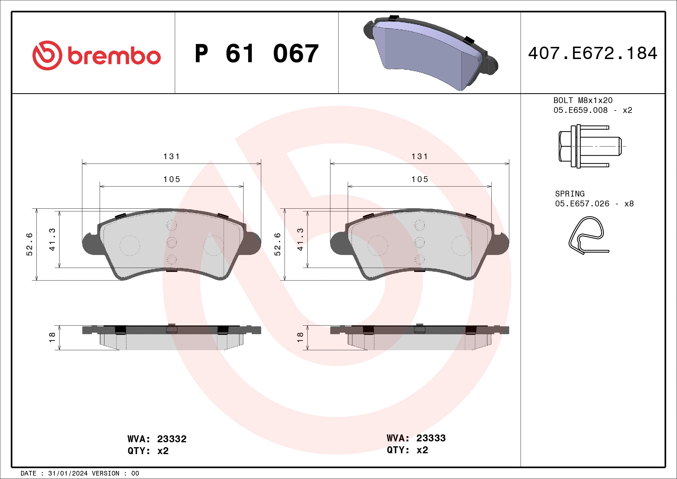 Kit de plaquettes de frein, frein à disque BREMBO P 61 067
