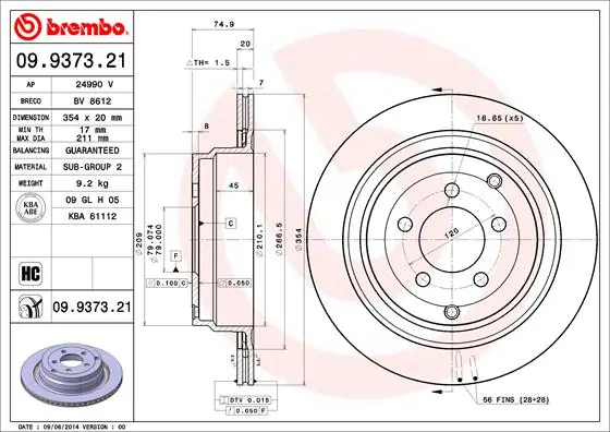 Disque de frein BREMBO 09.9373.21