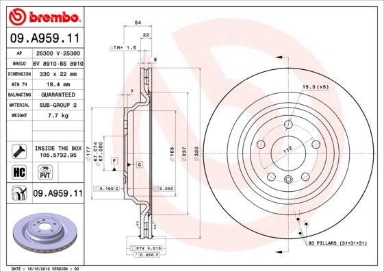 BREMBO 09.A959.11 — Диск гальмівний задн. (вир-во BREMBO)