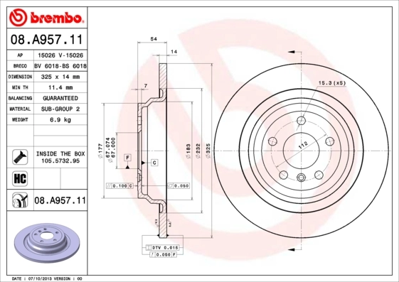 BREMBO 08.A957.11 — Диск гальмівний MERCEDES M-CLASS (W166) задн. (вир-во BREMBO)