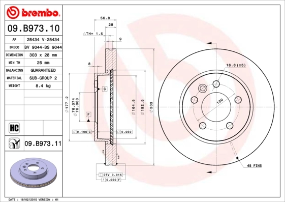 BREMBO 09.B973.11 — Диск гальмівний передн. (вир-во BREMBO)