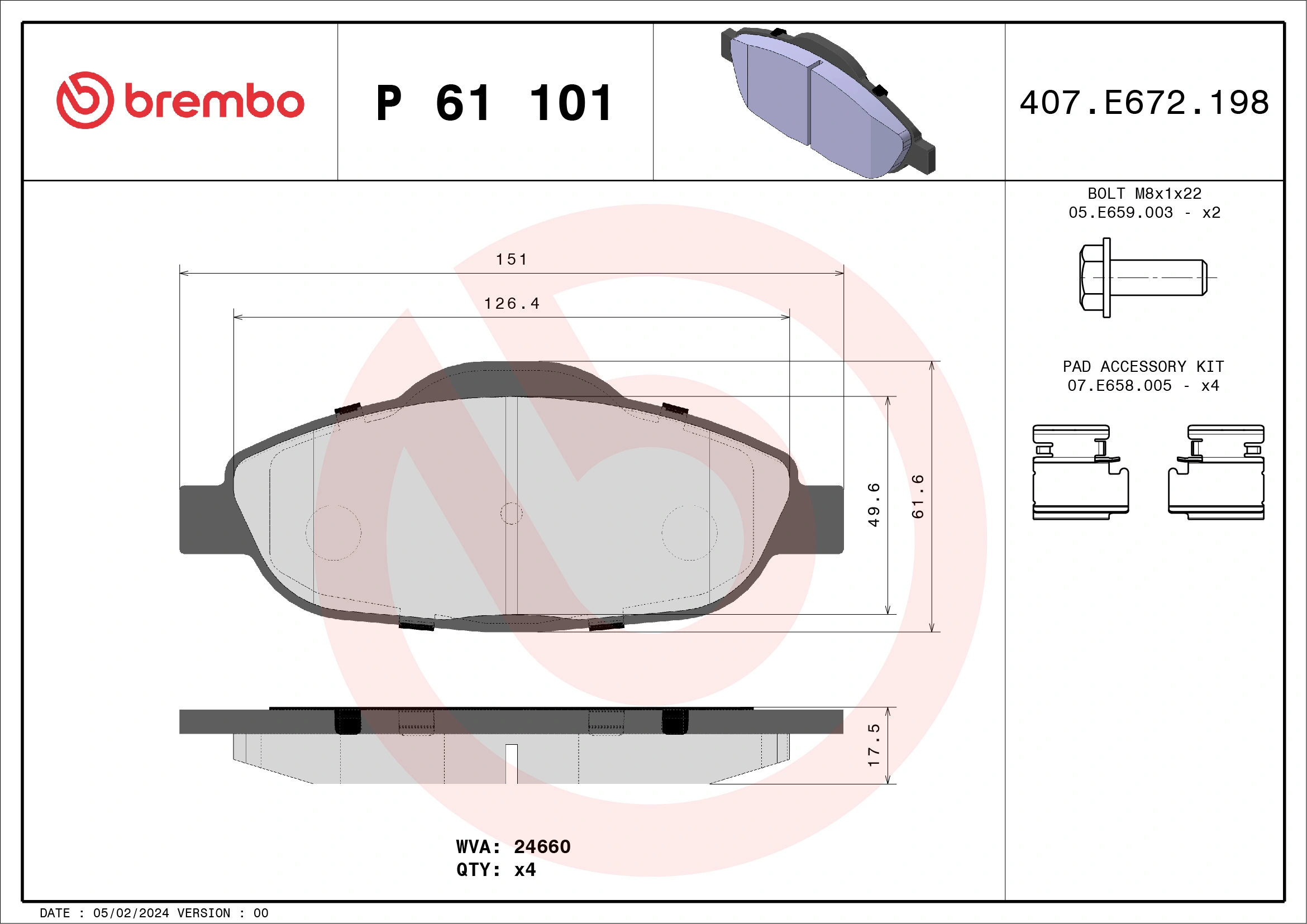 Kit de plaquettes de frein, frein à disque BREMBO P 61 101X