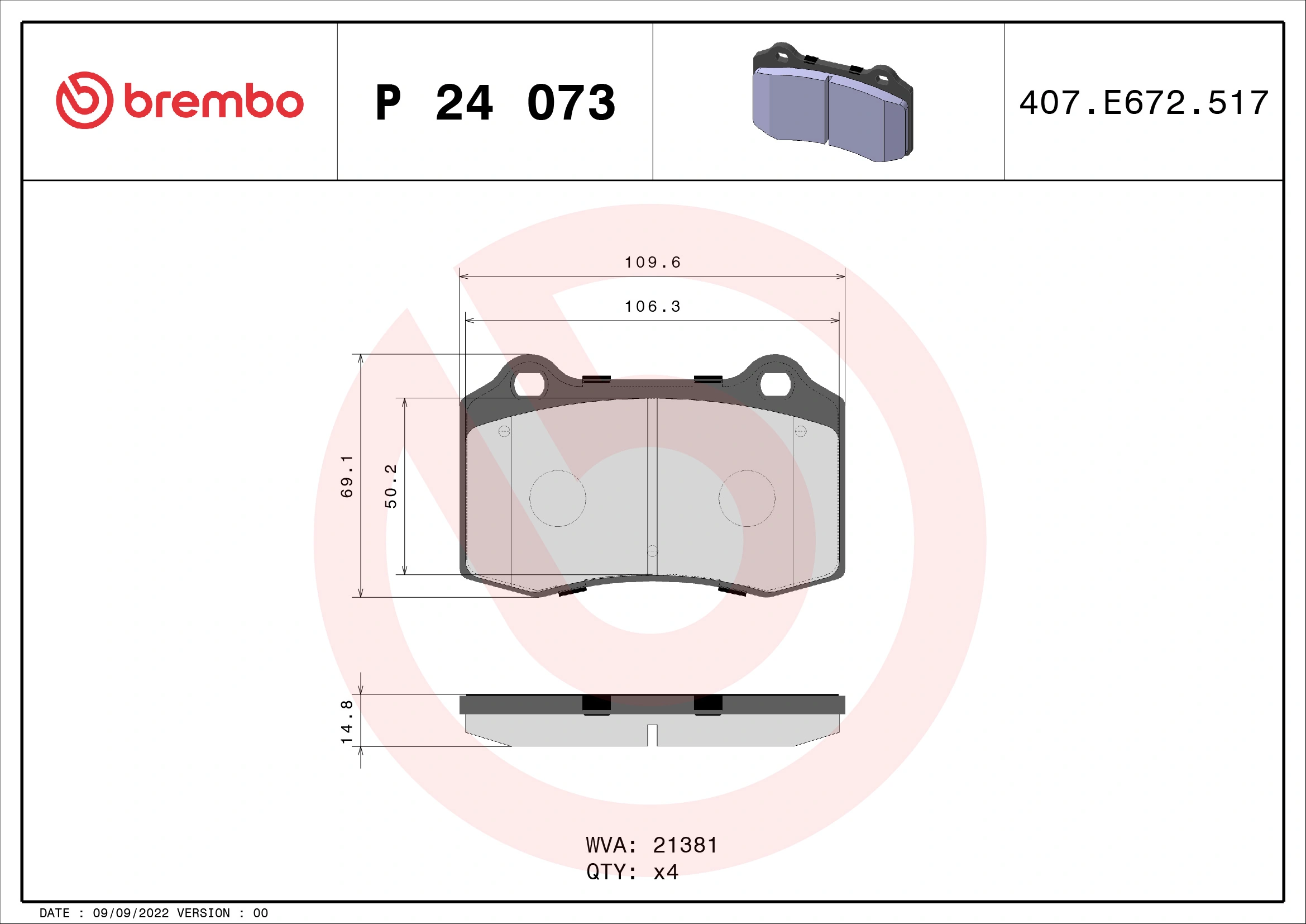 Kit de plaquettes de frein, frein à disque BREMBO P 24 073