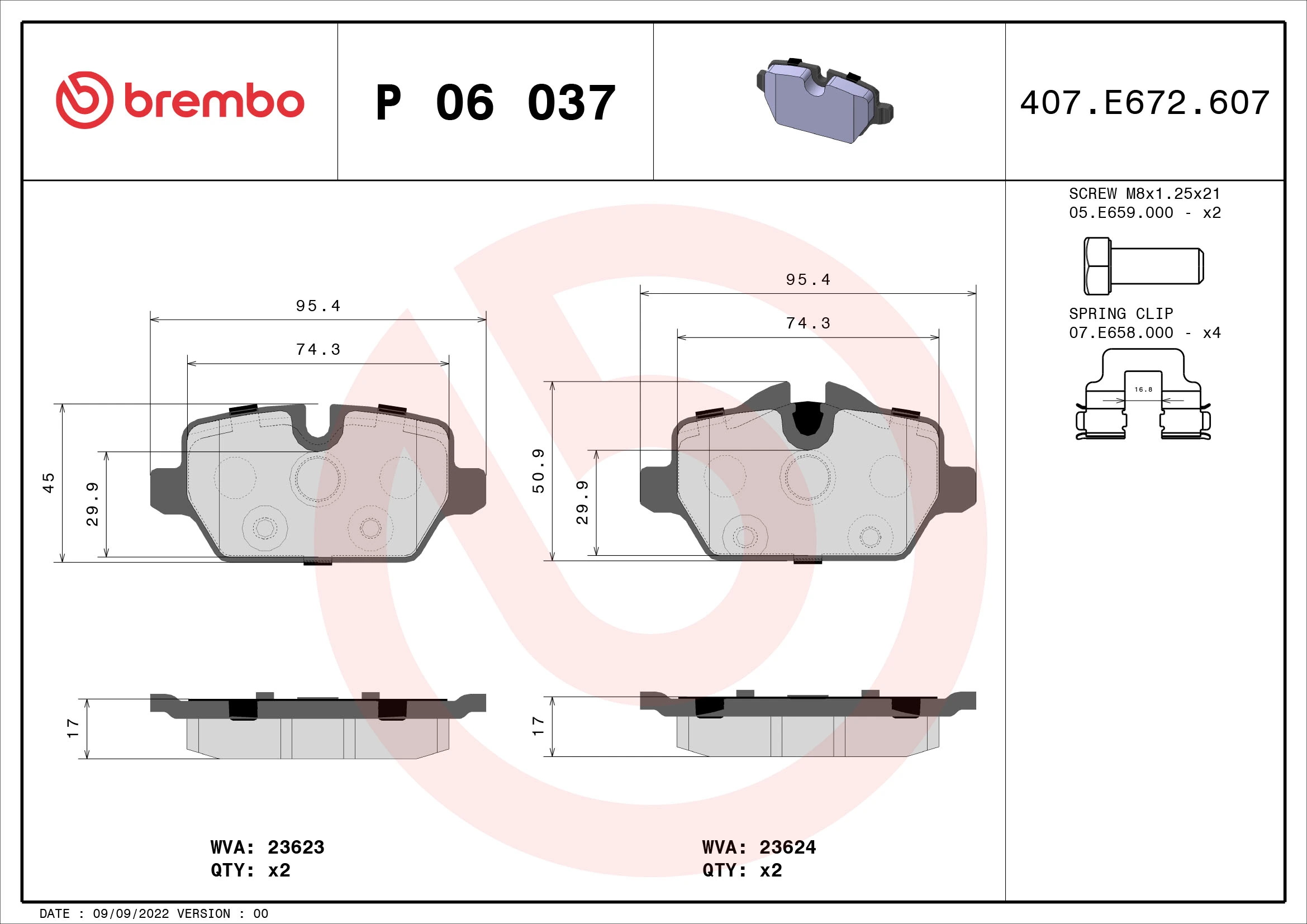 Kit de plaquettes de frein, frein à disque BREMBO P 06 037