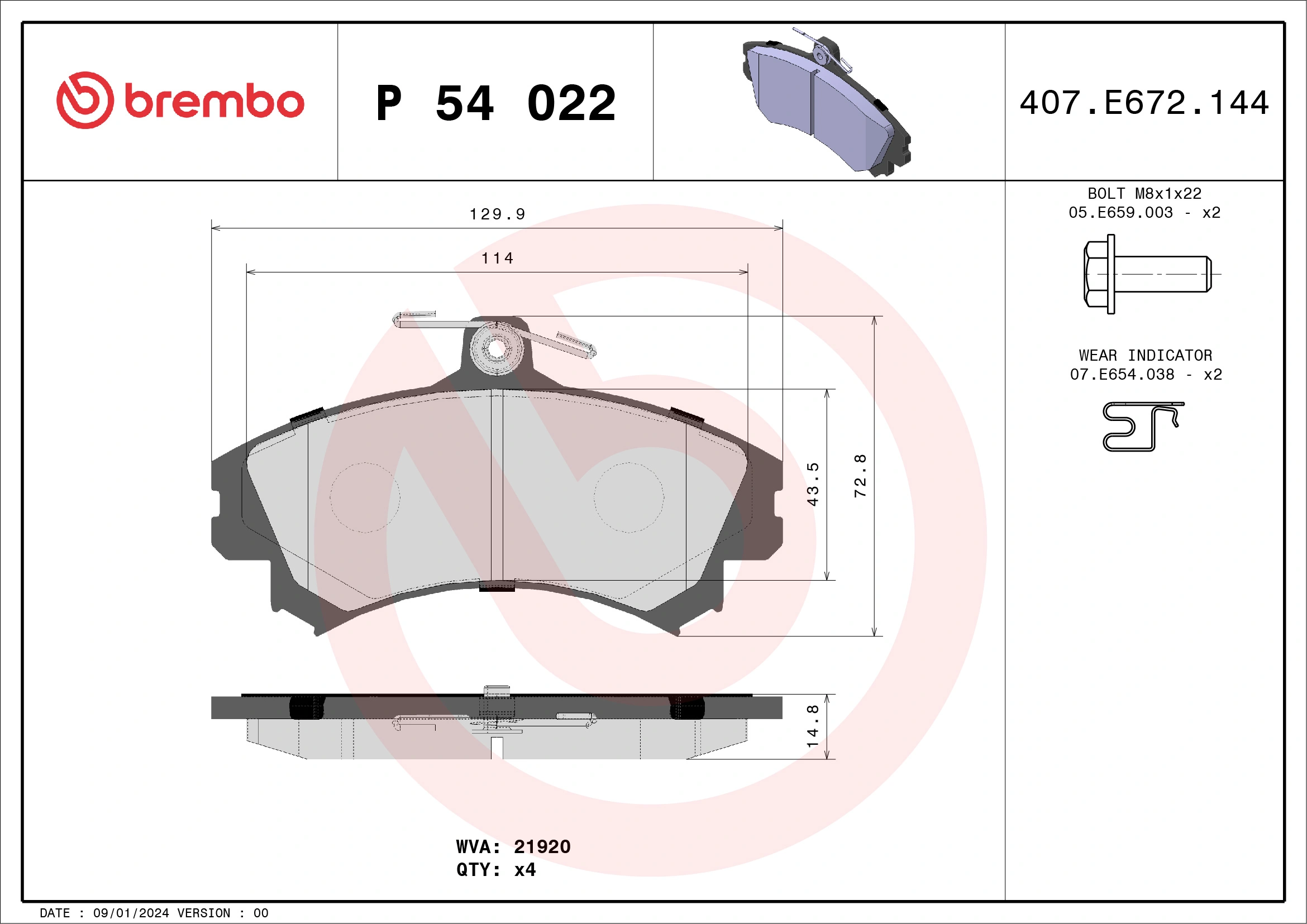 Kit de plaquettes de frein, frein à disque BREMBO P 54 022