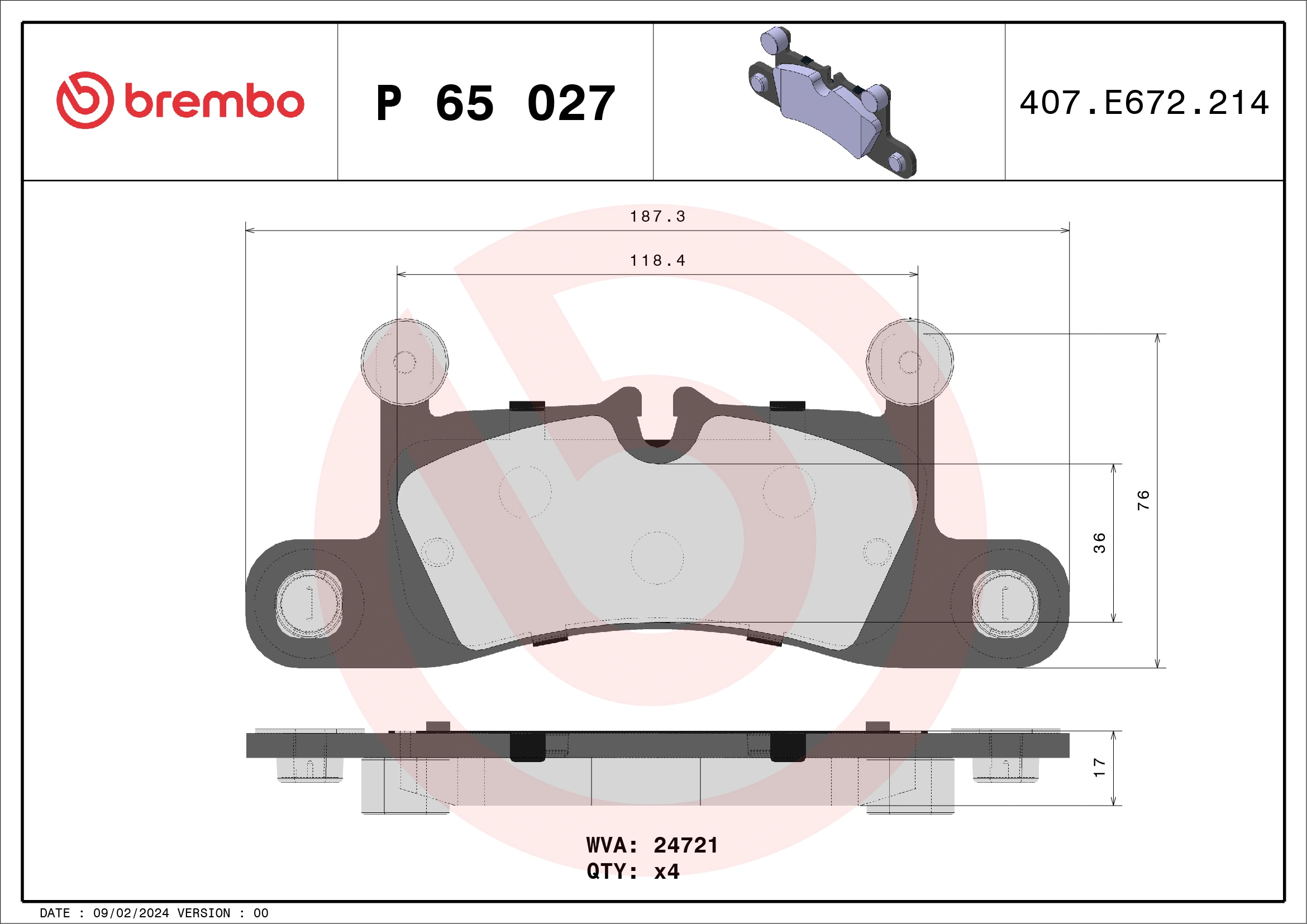Kit de plaquettes de frein, frein à disque BREMBO P 65 027