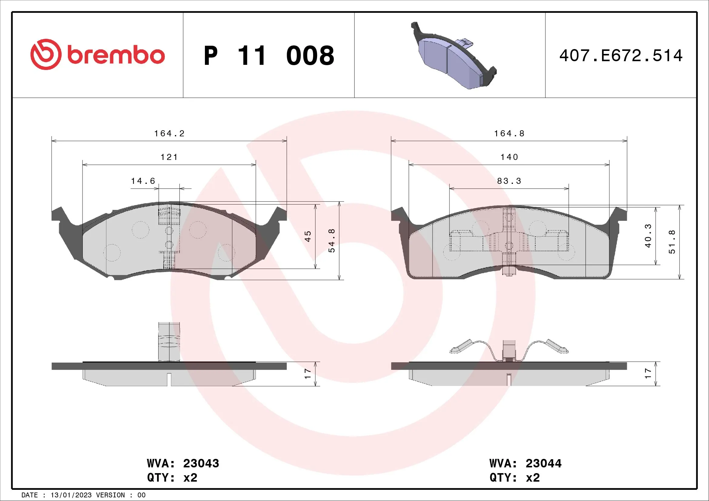 Kit de plaquettes de frein, frein à disque BREMBO P 11 008