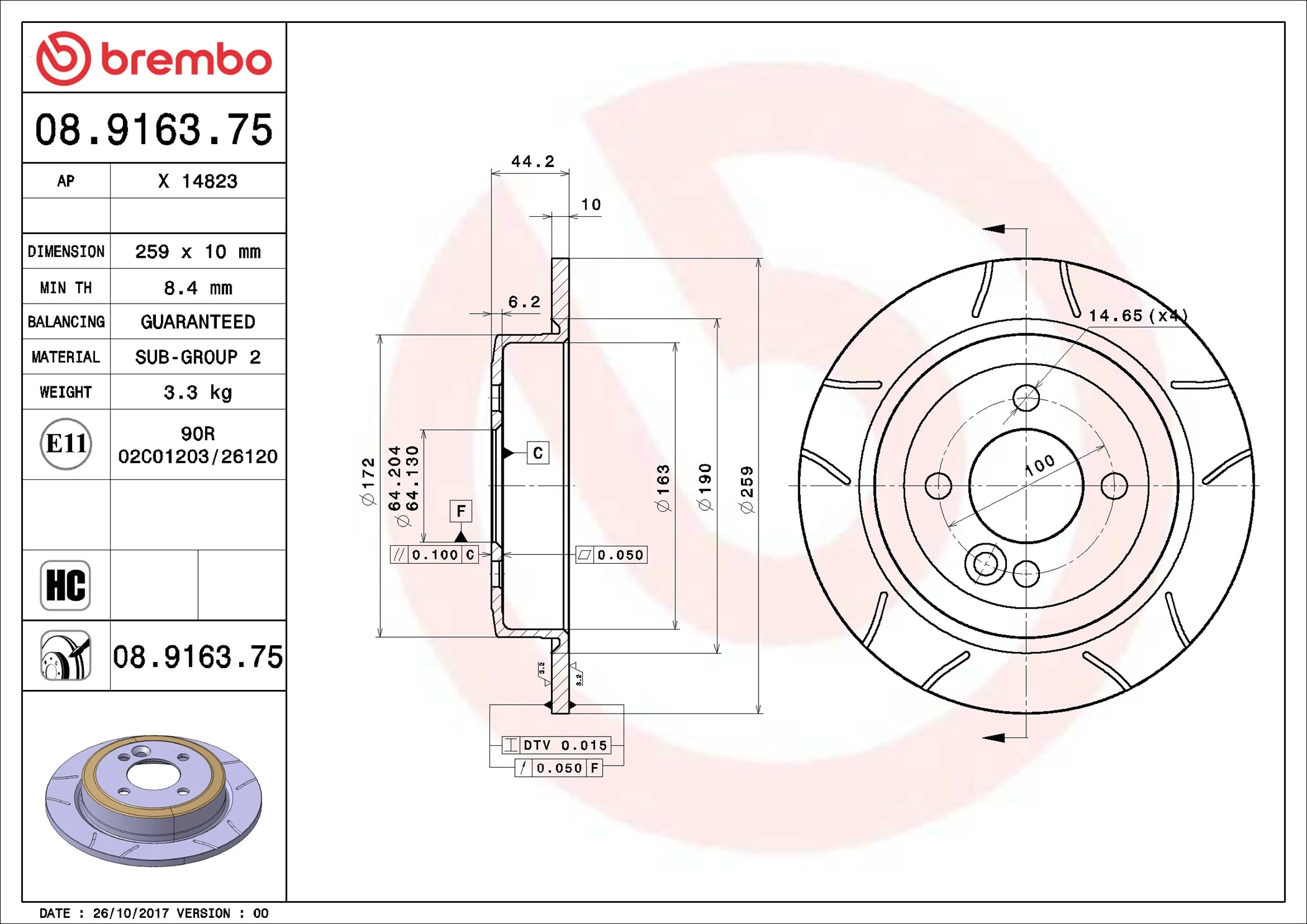 Disque de frein BREMBO 08.9163.75