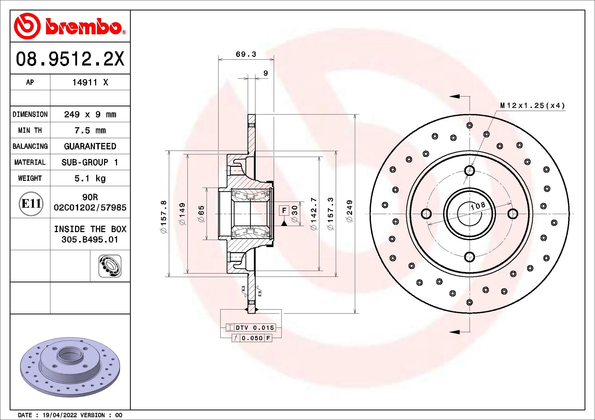 Disque de frein BREMBO 08.9512.2X