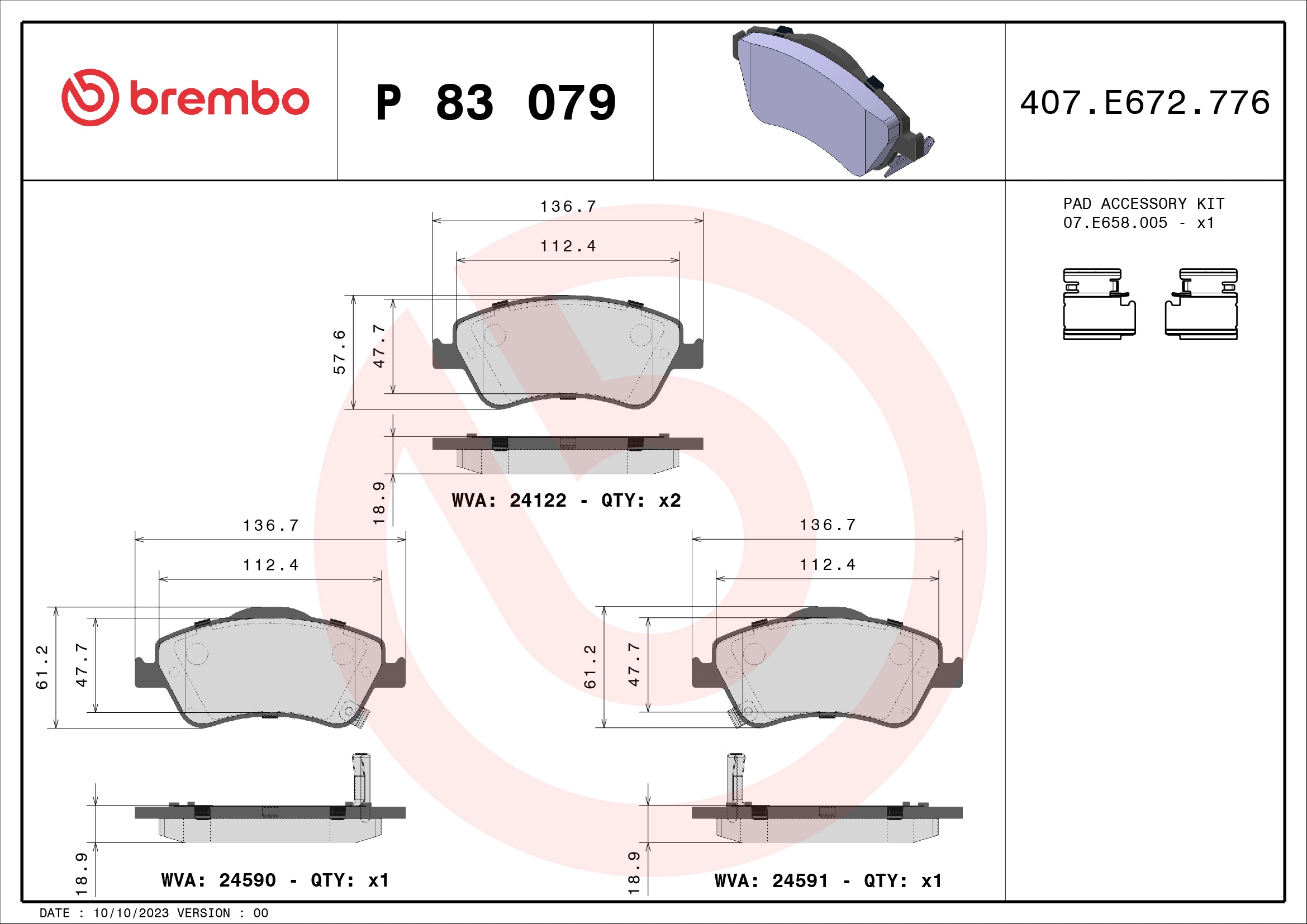 Kit de plaquettes de frein, frein à disque BREMBO P 83 079