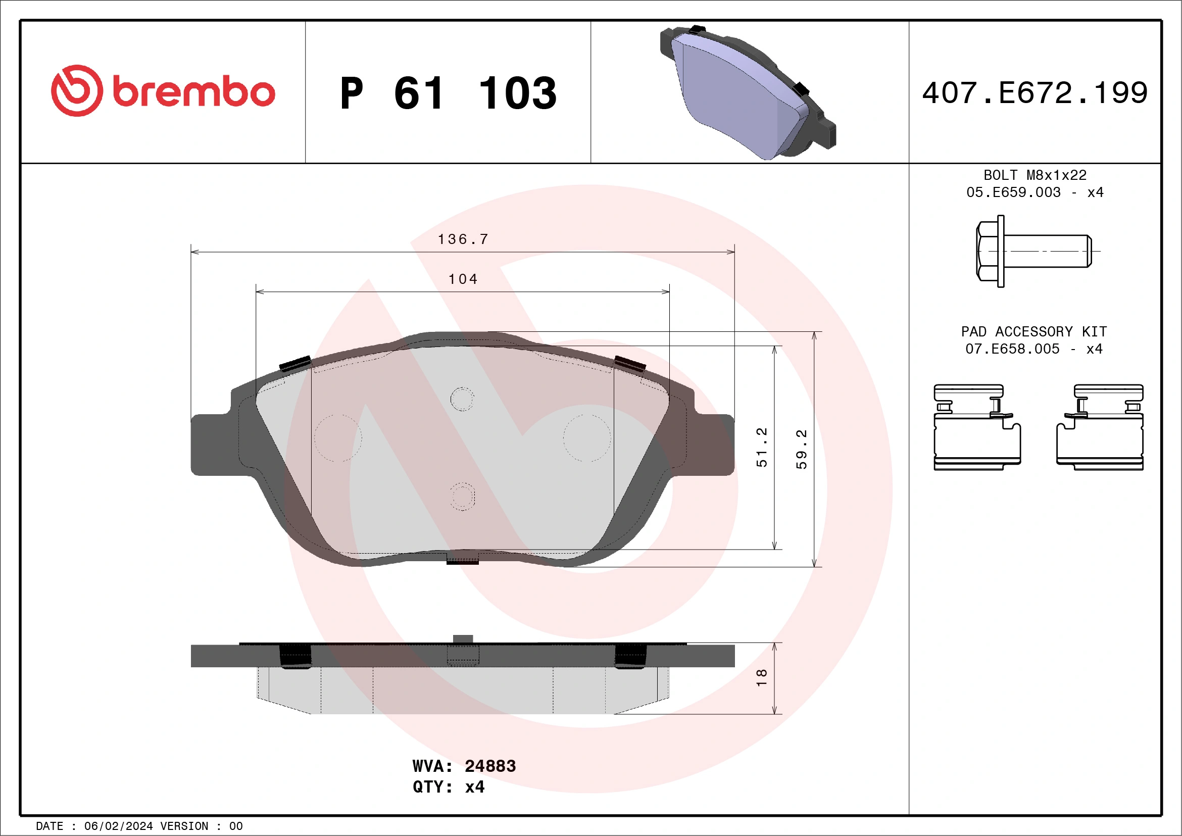 BREMBO P 61 103 — Колодка гальм. диск. передн. (вир-во BREMBO)