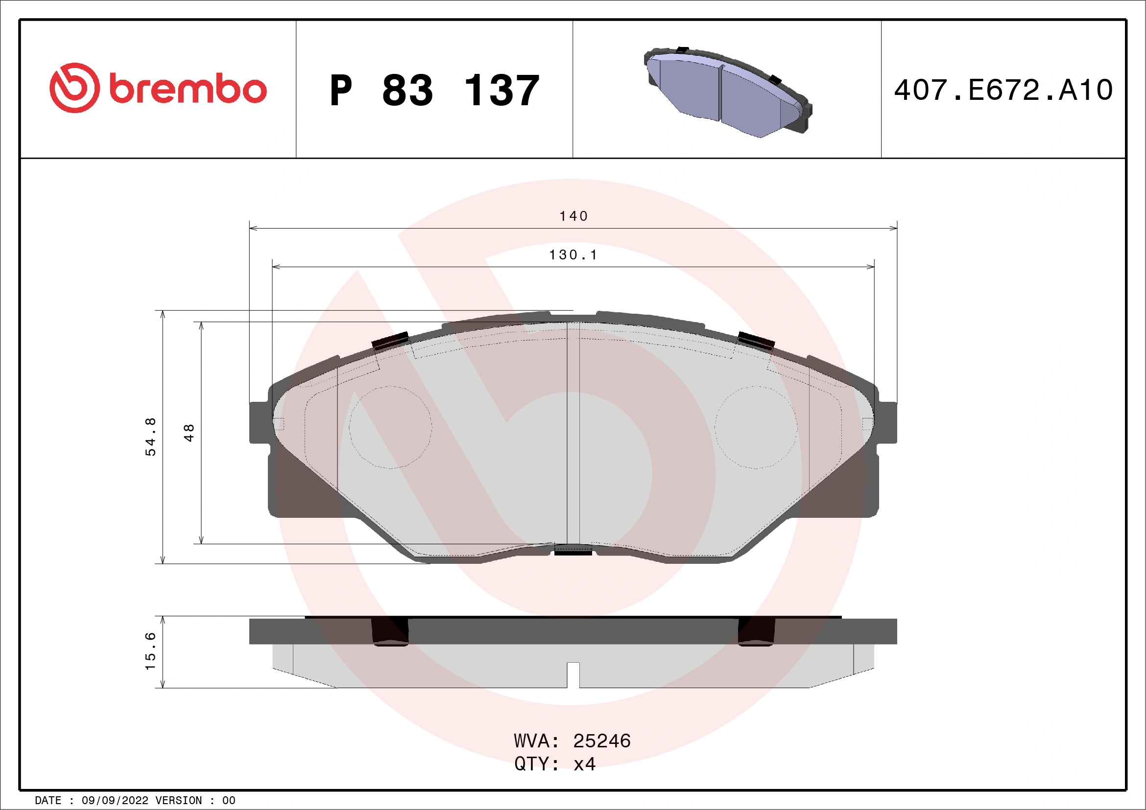 Kit de plaquettes de frein, frein à disque BREMBO P 83 137