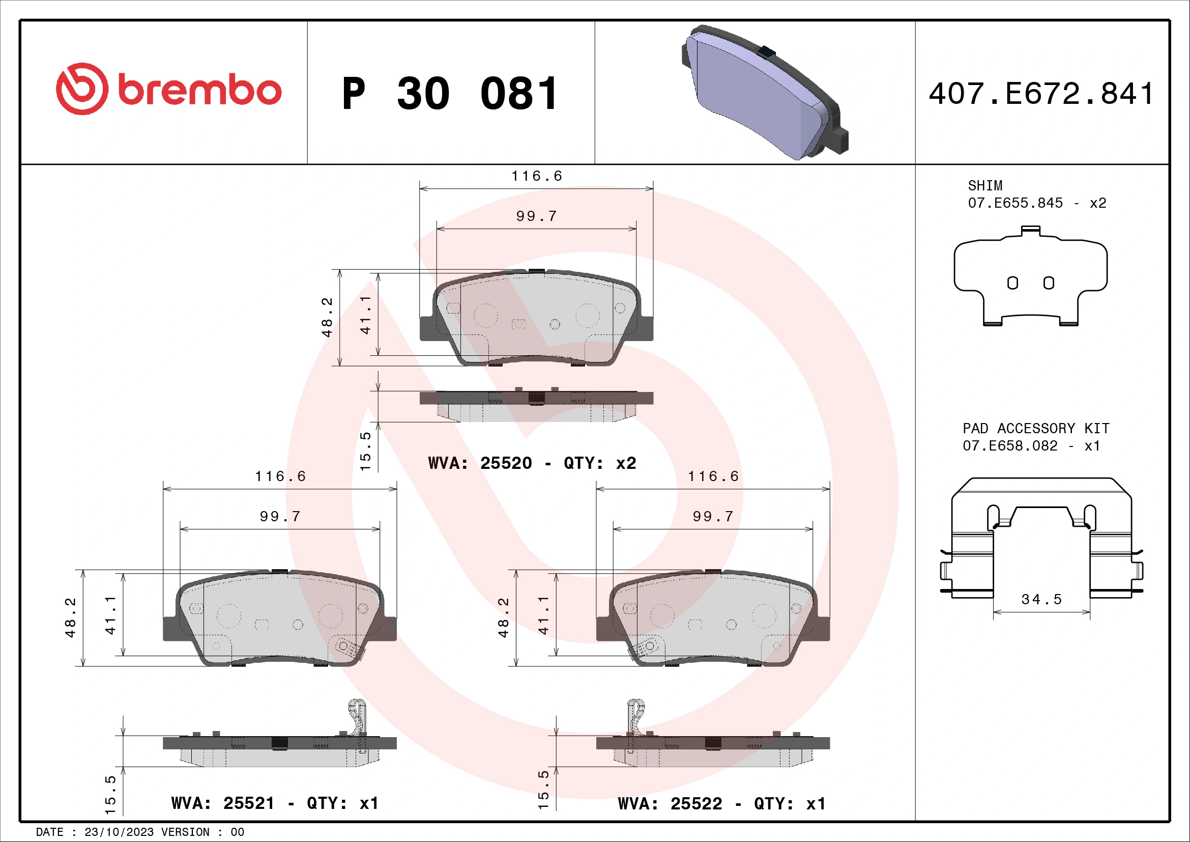 Kit de plaquettes de frein, frein à disque BREMBO P 30 081
