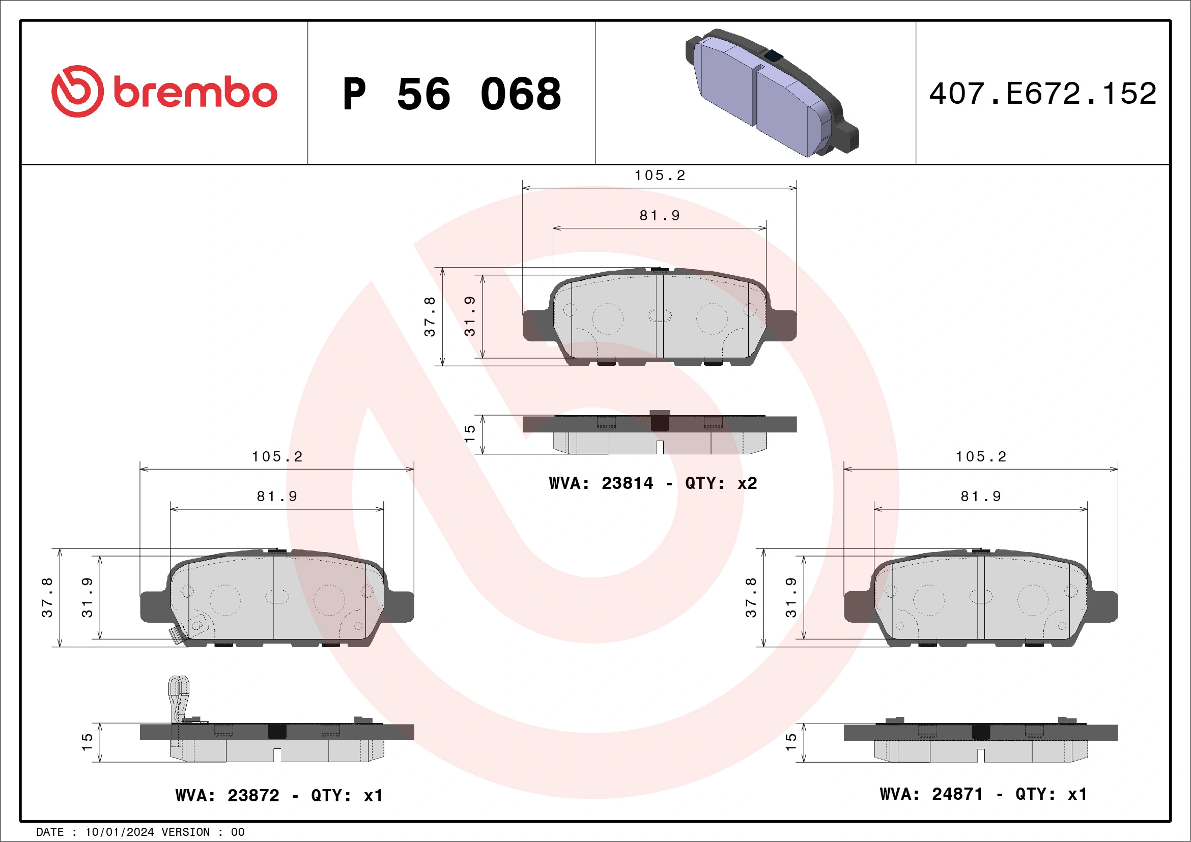 Kit de plaquettes de frein, frein à disque BREMBO P 56 068