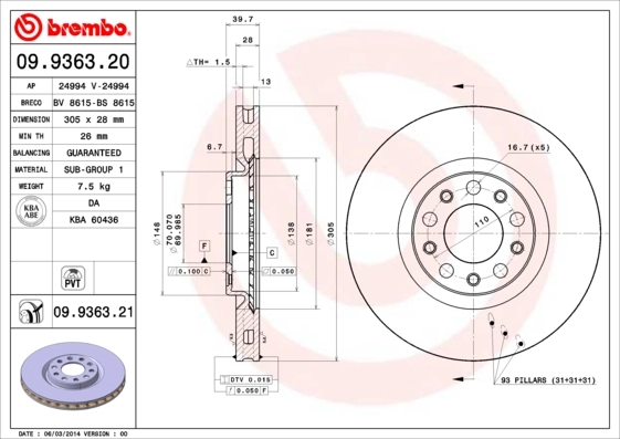 Disque de frein BREMBO 09.9363.21