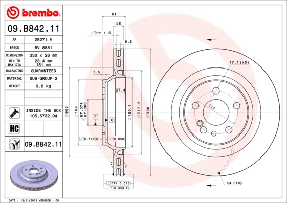Disque de frein BREMBO 09.B842.11