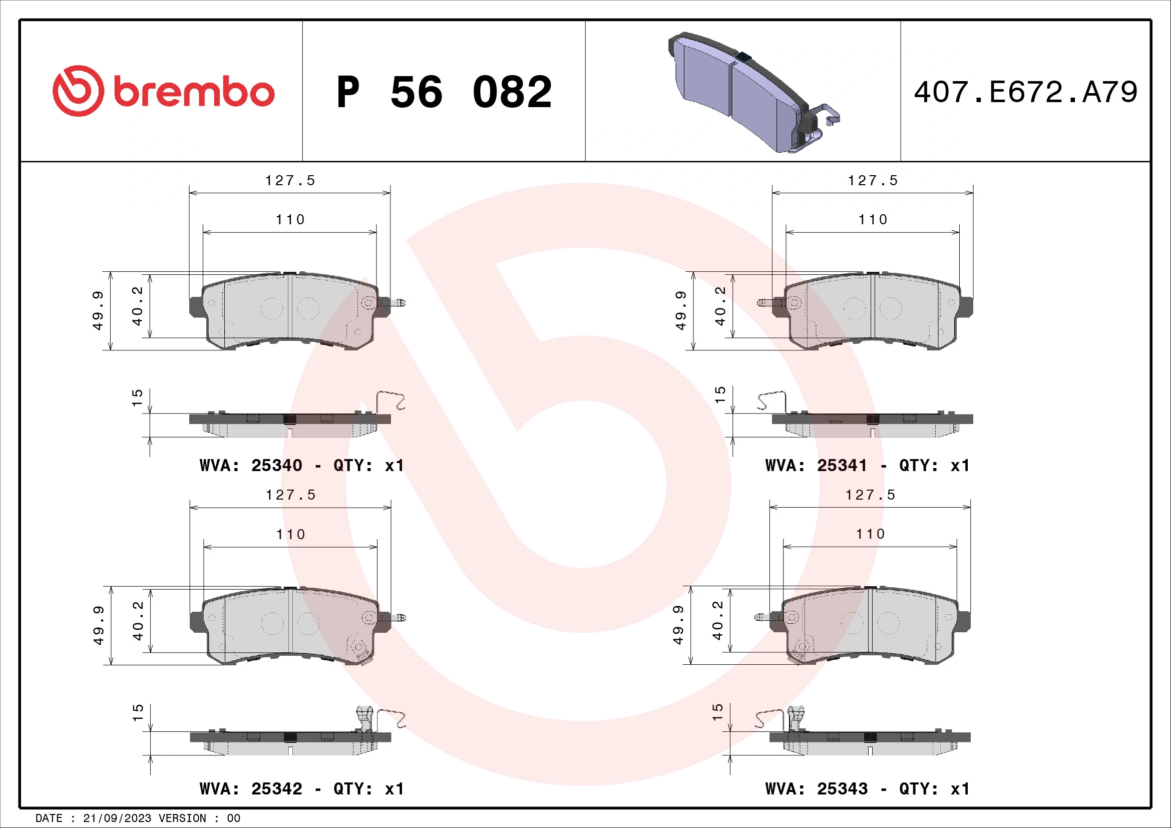 Kit de plaquettes de frein, frein à disque BREMBO P 56 082