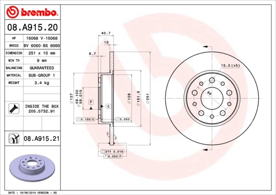 Disque de frein BREMBO 08.A915.21