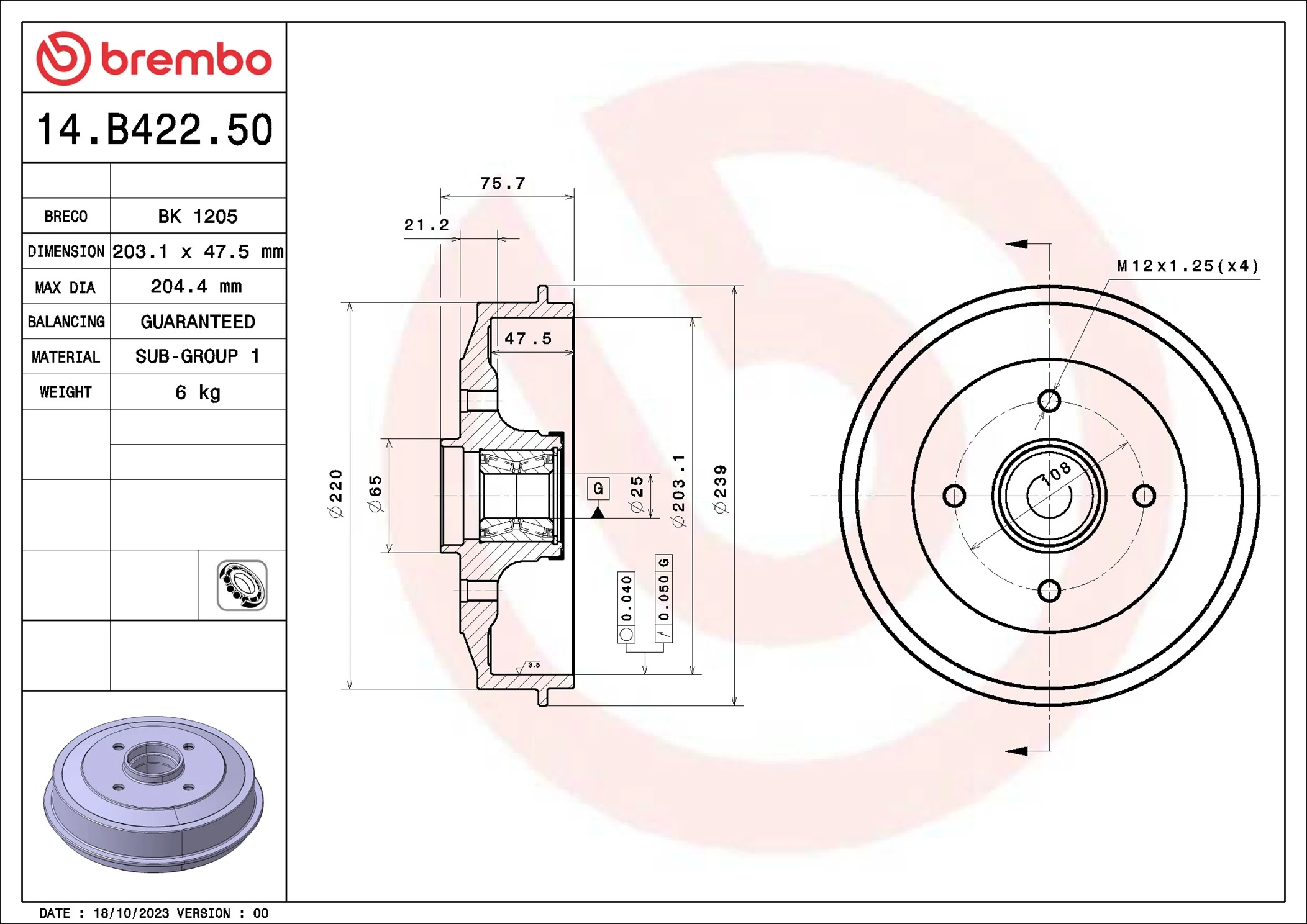 Tambour de frein BREMBO 14.B422.50