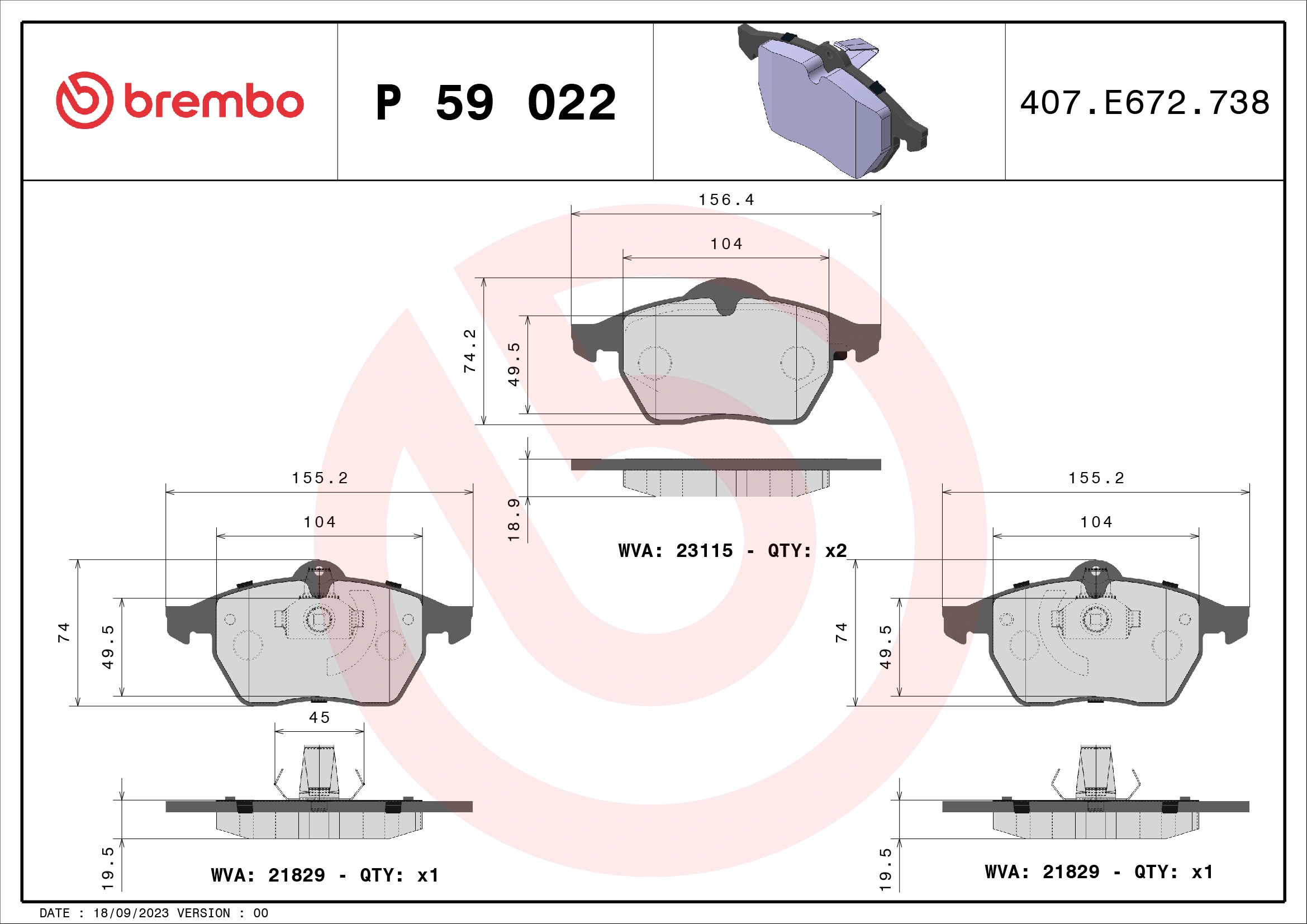 Kit de plaquettes de frein, frein à disque BREMBO P 59 022
