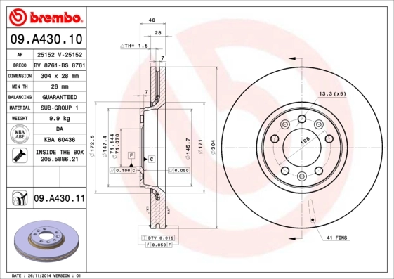 Disque de frein BREMBO 09.A430.11