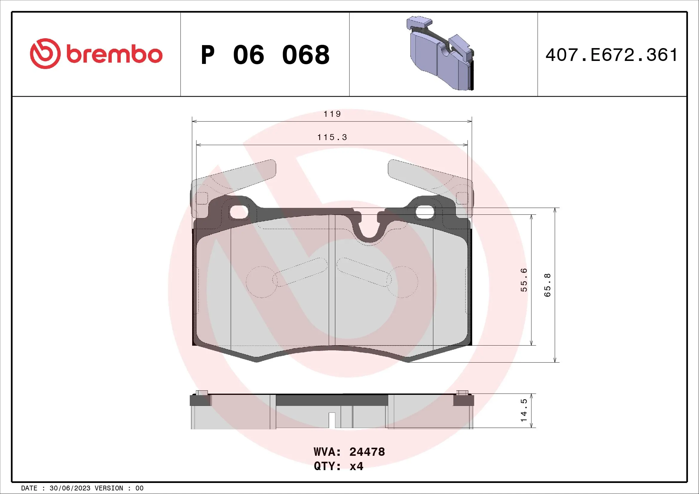 Kit de plaquettes de frein, frein à disque BREMBO P 06 068