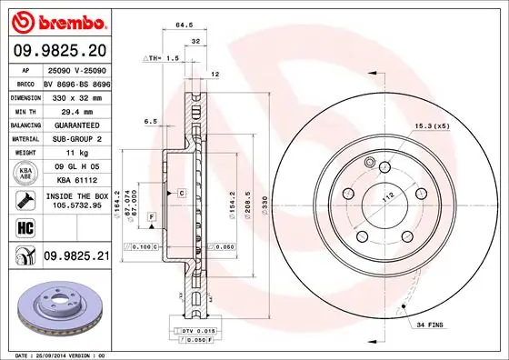 Disque de frein BREMBO 09.9825.21