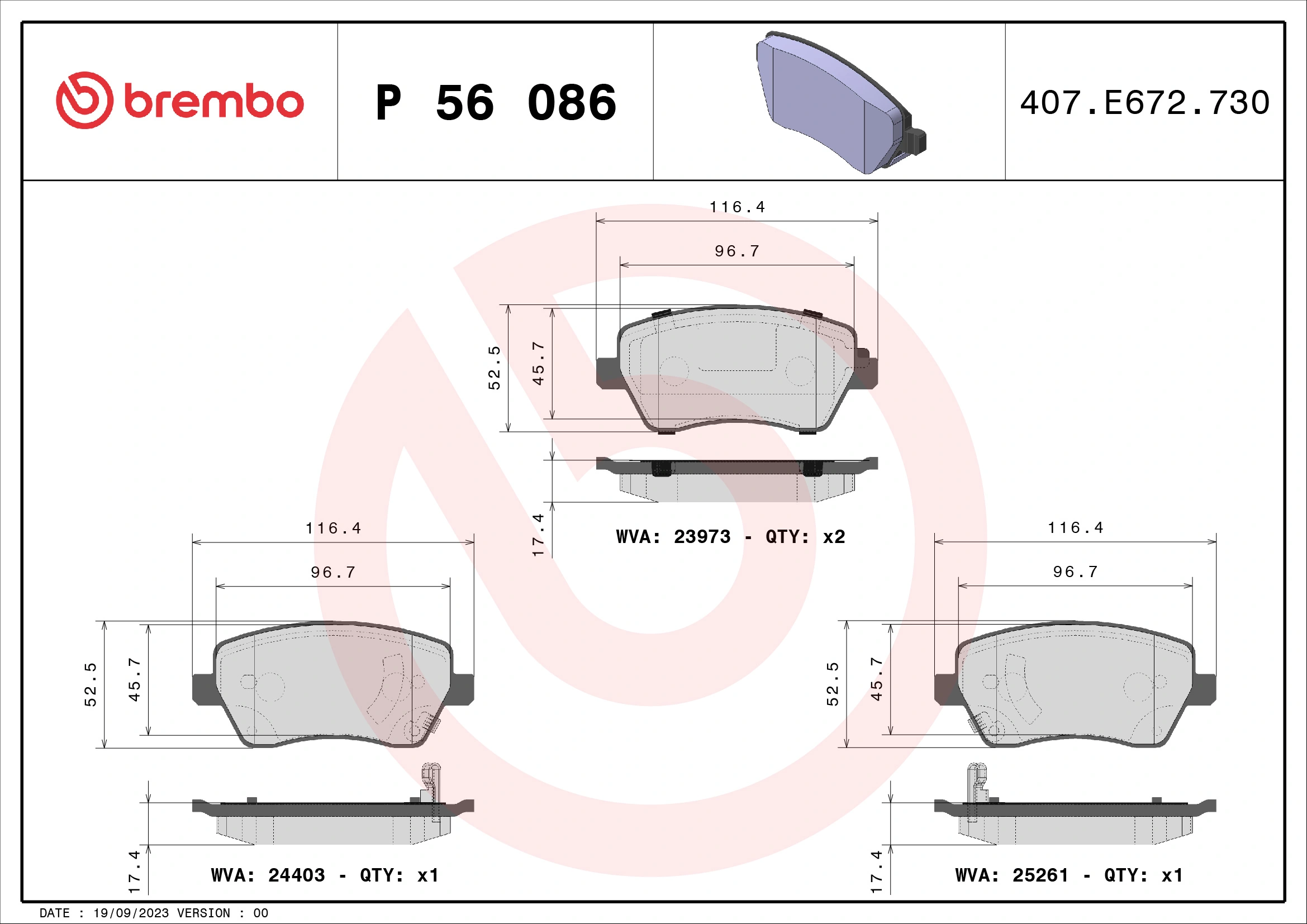 Kit de plaquettes de frein, frein à disque BREMBO P 56 086